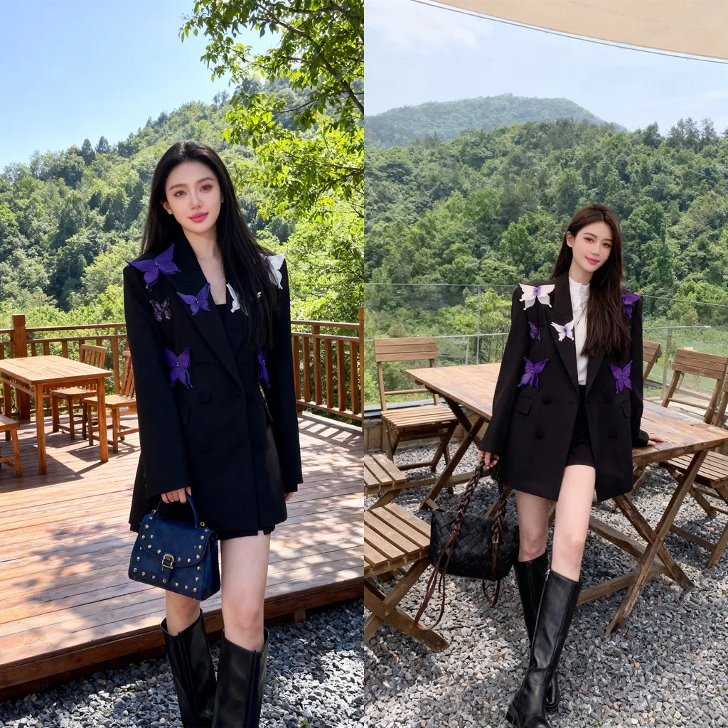 

Busin Casual Hepburn Sle Suit Jaet with 3D Decoration Women's Faion Warm Polyester Long Sve Coat