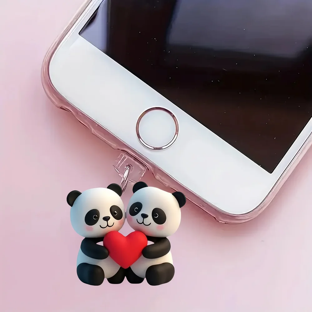 1 Pcs Cute Couple Panda Design Dust Plug 2D Acrylic Phone Dust Stopper Pendant for iPhone Type-C Charger Port Cover Anti Dust
