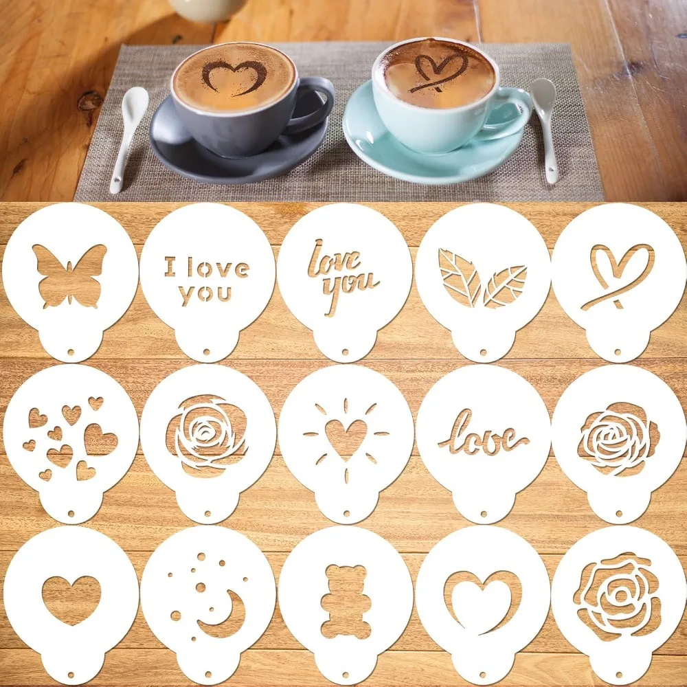 Coffee Stencil 15 Pieces Latte Art Stencils Set for Cappuccino Mousse Cake Hot Chocolate Decorations Valentines Day