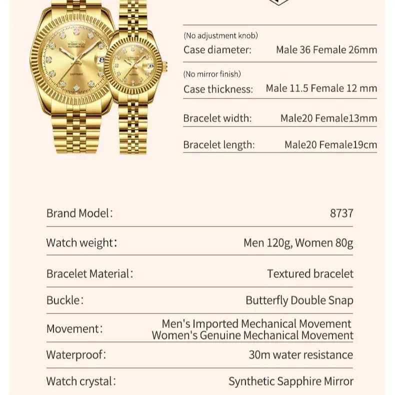 JSDUN 8737 Orologio da coppia Orologio meccanico automatico da lavoro di marca di lusso Elegante orologio da coppia con specchio in zaffiro e diamanti