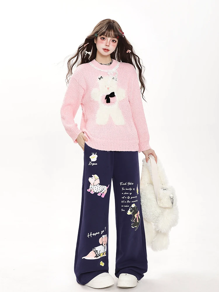 American highstreet doce legal rendas elástico de cintura alta calças de perna larga dos desenhos animados impressão solta calças de moletom retas feminino inverno