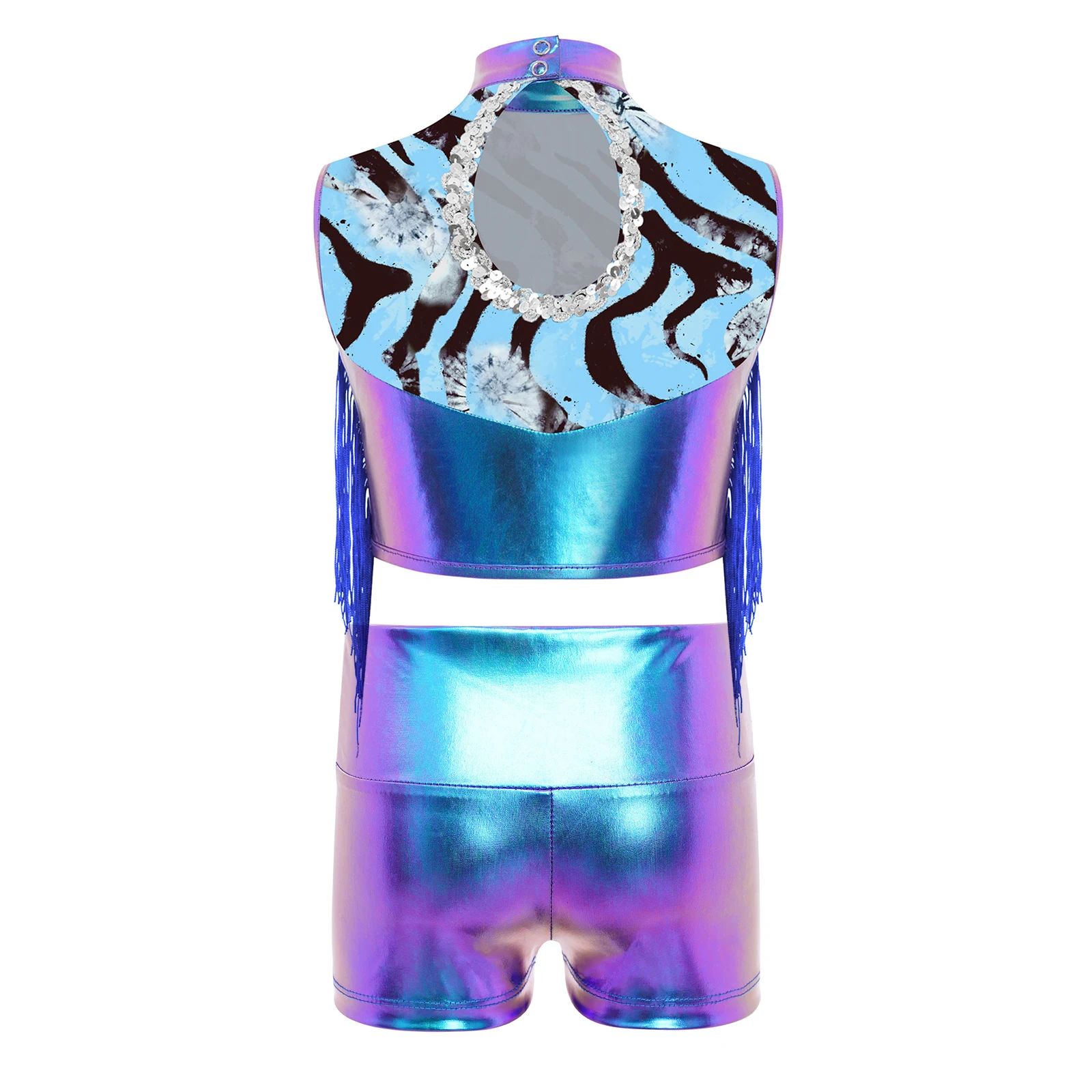 Kids Girls Metallic Shiny Jazz Dance Outfit Sleeveless Tassel Crop Top with Shorts Ballet Gymnastics Stage Performance Dancewear