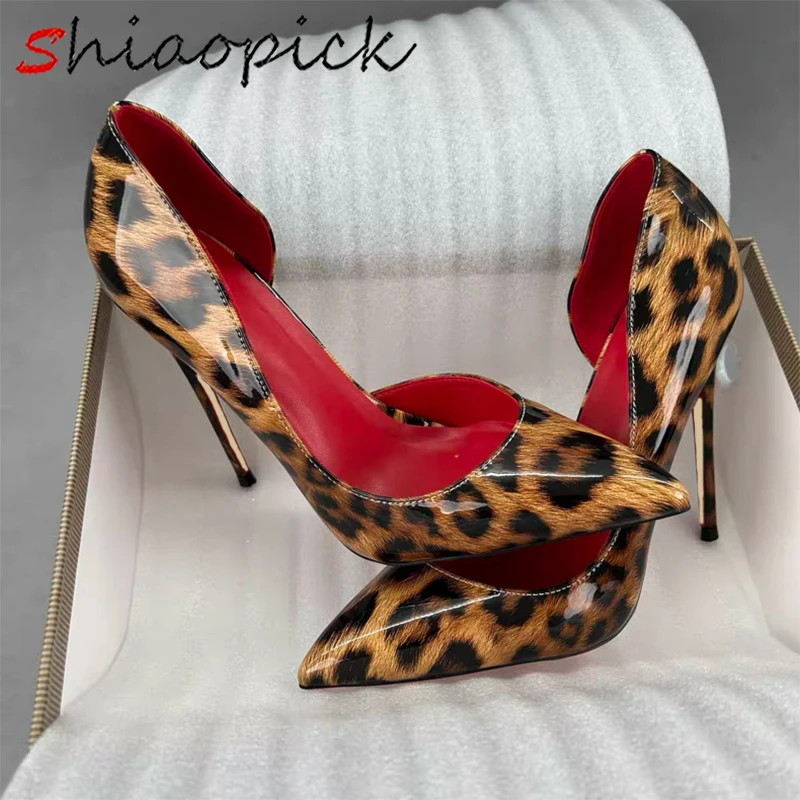 

Удобные женские туфли-лодочки на очень тонком высоком каблуке 12/10/8 см с боковым вырезом, туфли-лодочки на шпильке с леопардовым узором, офисное платье, глянцевая лакированная обувь