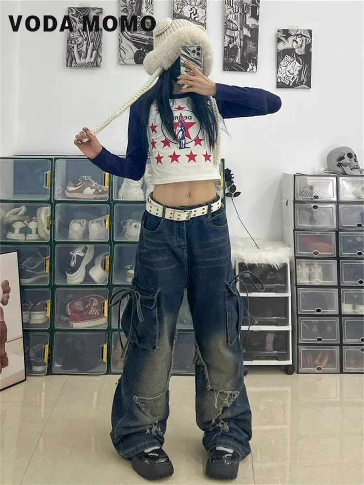 Damskie spodnie dżinsowe Harajuku 2024 Y2k Estetyczne ubrania Cargo Jeans Baggy Vintage Design sense Estetyczne spodnie z wysokim stanem