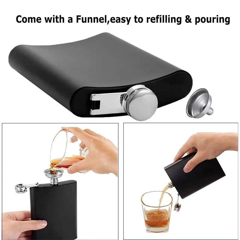 Matte Black Stainless Steel Hip Flask Set with Funnel Leak Proof Whiskey Drinking Flask for Liquor