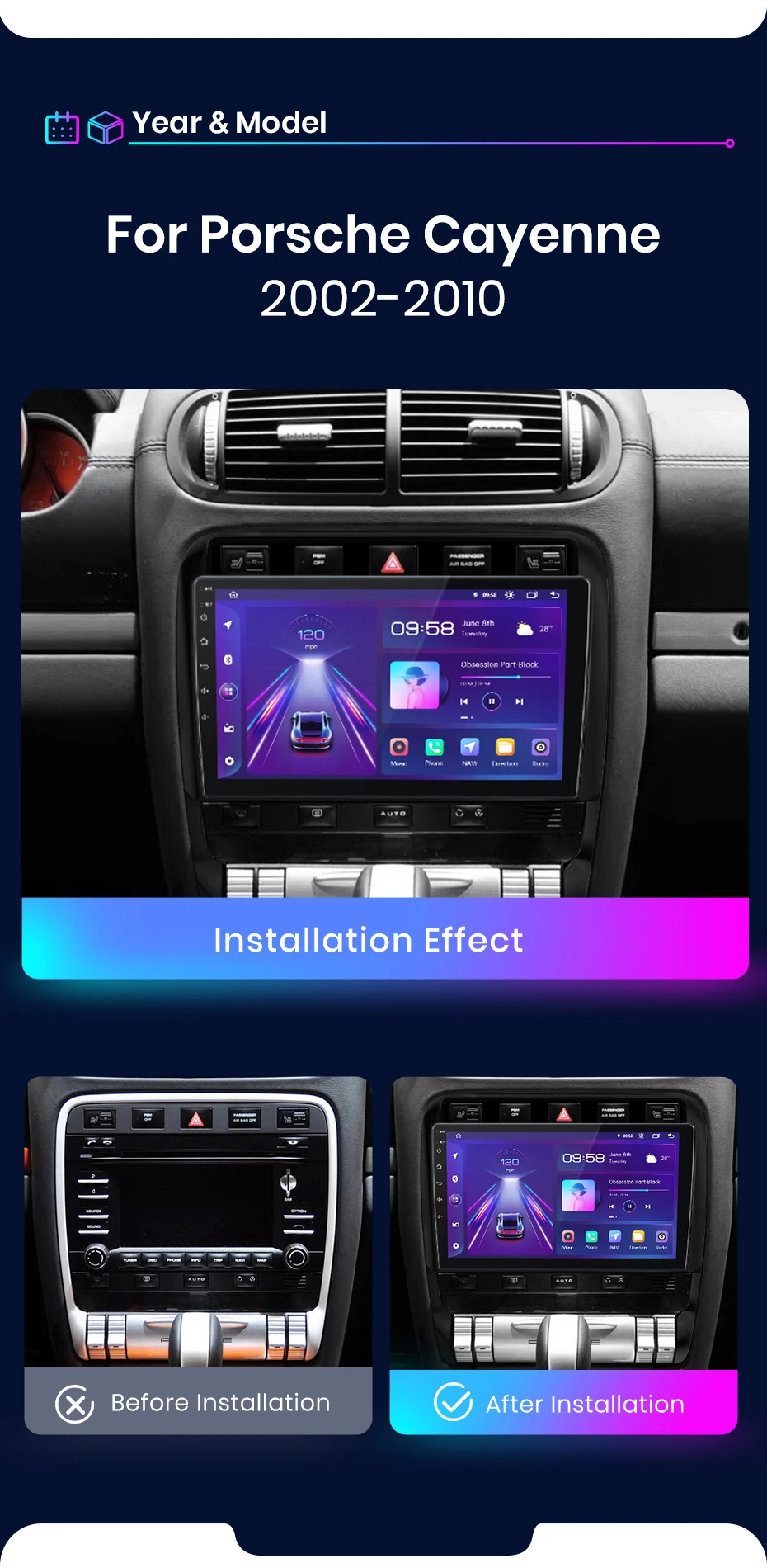 Junsun kabelloses carplay android auto autoradio für porsche cayenne 1 9pa 2002-2010 gps multimedia 2 din systeme stereo – Detail 5