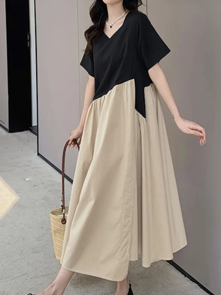 Falso de dos piezas de talla grande de verano Irregular camiseta vestido de mujer empalmado vestido largo de mujer moda Casual Vestidos de mujer