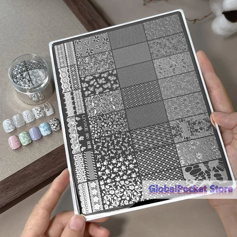[TG823]1Pcs Lace Texture Plus Nail Art Printing Steel Plate – Exquisite Floral Mesh Lace Border DIY Transfer Tool