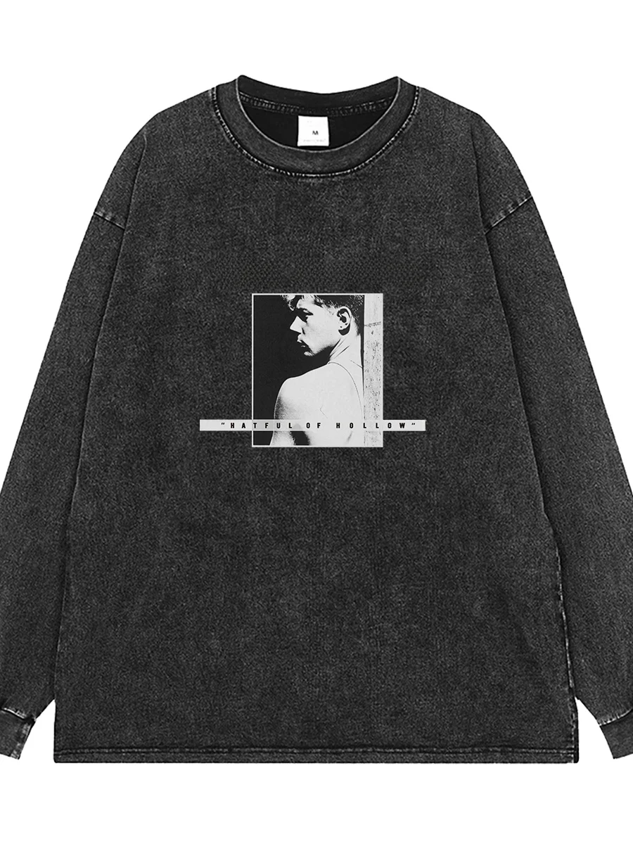 Washed Vintage Grey American Casual Street Rock Shoulder Loose Long Sleeve T-Shirt Smith Band Print Cotton round Neck Tee