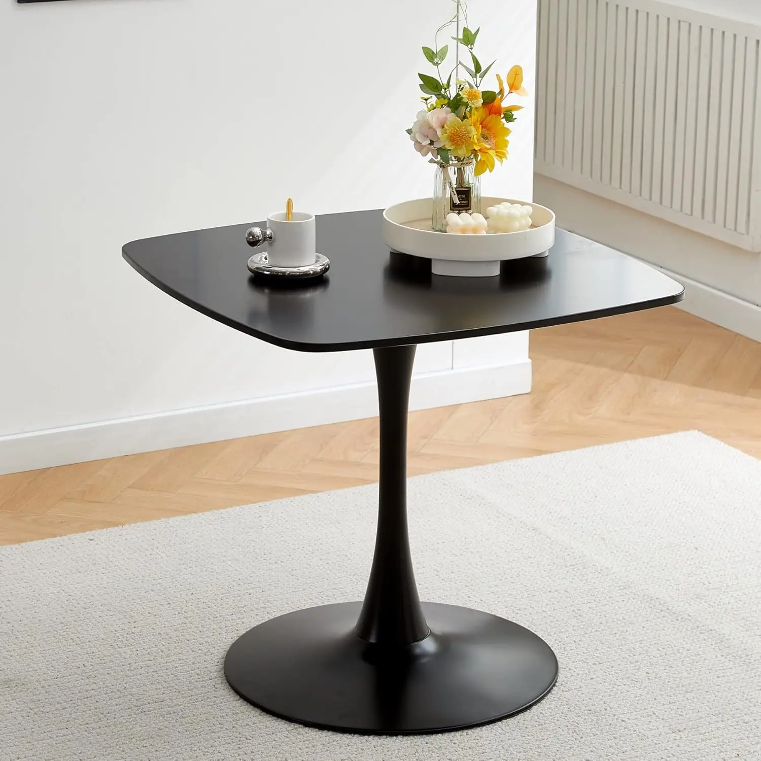 31.5 in Black Square Pedestal Tulip Dining Table, Small Space Mid Century Modern Kitchen Table