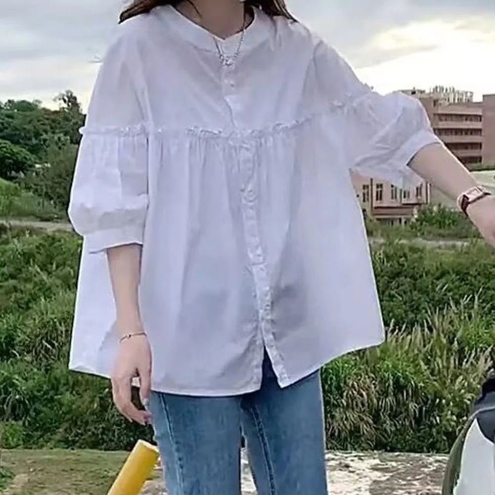 Camisa casual de verão para mulheres, manga curta, gola frontal com botões, feita com mistura de poliéster e elastano, leve e confortável