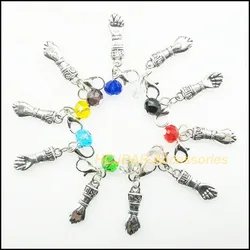 10 New Hand Fist with Clasp Charms Tibetan Silver Plated Pendants Mixed Round Crystal 7x22mm