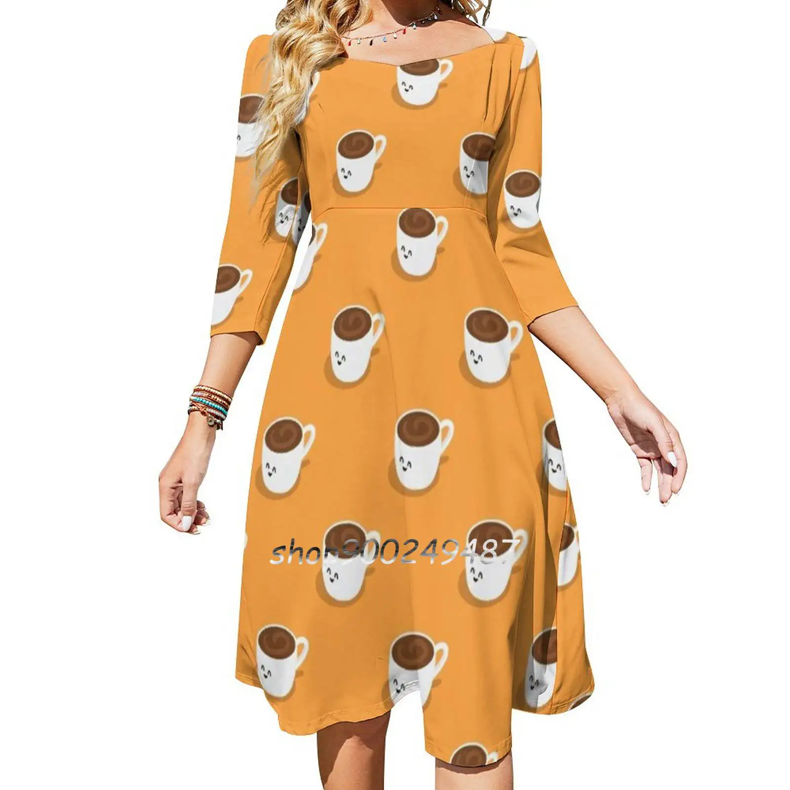 Coffee ? Square Neck Dress New Plus Size Elegant Women Waist Tight Dress Coffee Kawaii Cartoon Pattern Cute Morning Coffee