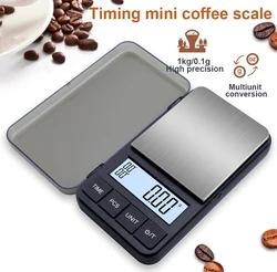 1Kg/0.1g Mini Pocket Coffee Scale LCD Digital Timer Scale Small Household Grammage Large Screen White Backlit Jewellery Scale