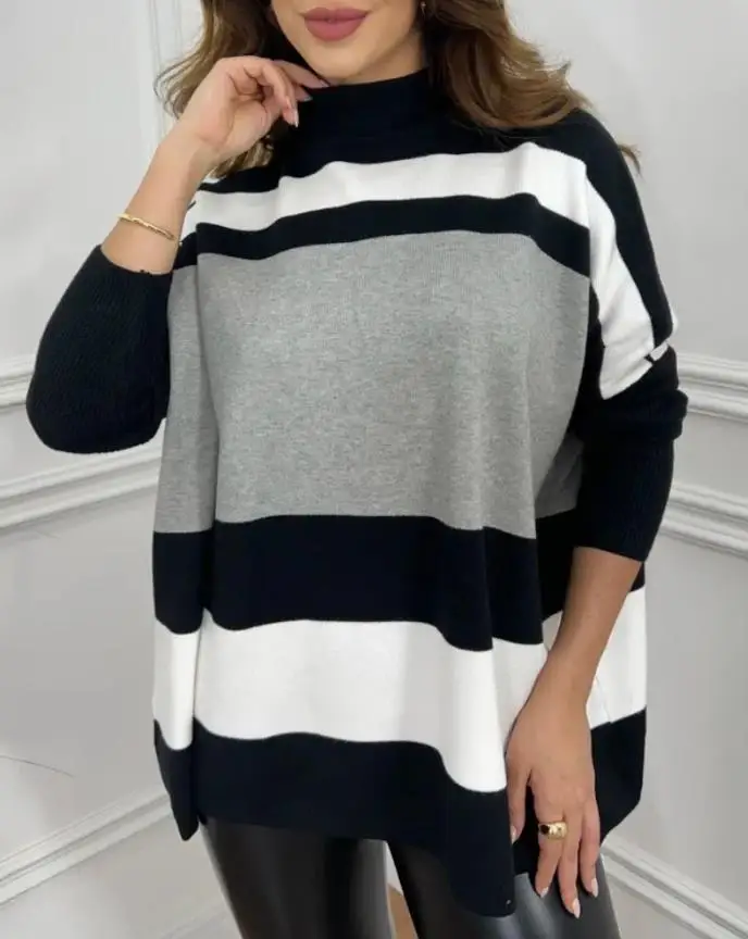 

Striped High Neck Long Sleeve Causal Sweater