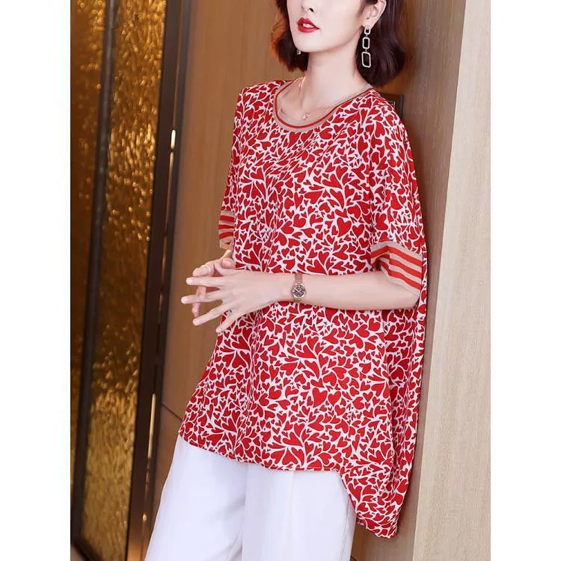 Vintage Printed O-Neck Spliced Asymmetrical Oversized Raglan Sleeve Chiffon Blouse Summer Casual Tops Commute Women\'s Shirt