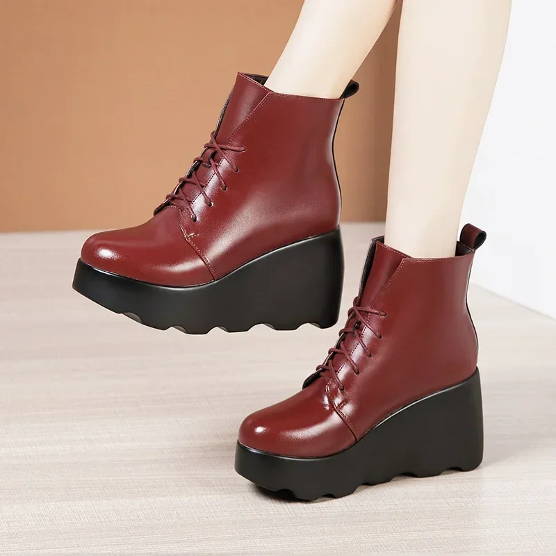 Small Size 32-43 Thick Platform Wedges Shoes Winter 2024 Women Ankle Boots Soft Leather High Heels Boots with Fur Warm Plush