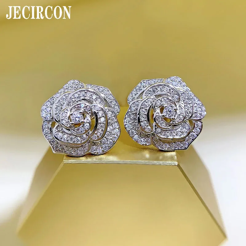 

JECIRCON Light Luxury Small Fragrant Camellia Stud Earrings Full High Carbon Diamond S925 Sterling Silver Exquisite Rose Jewelry