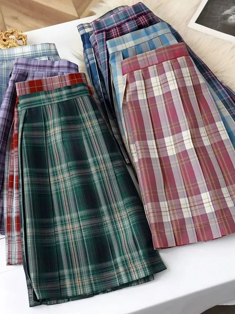 JMPRS Plaid kobiety plisowana spódnica lato JK dziewczyny Plaid Preppy taniec Mini spódnica linia japoński stylu Harajuku szkoła Sexy Mujer Faldas