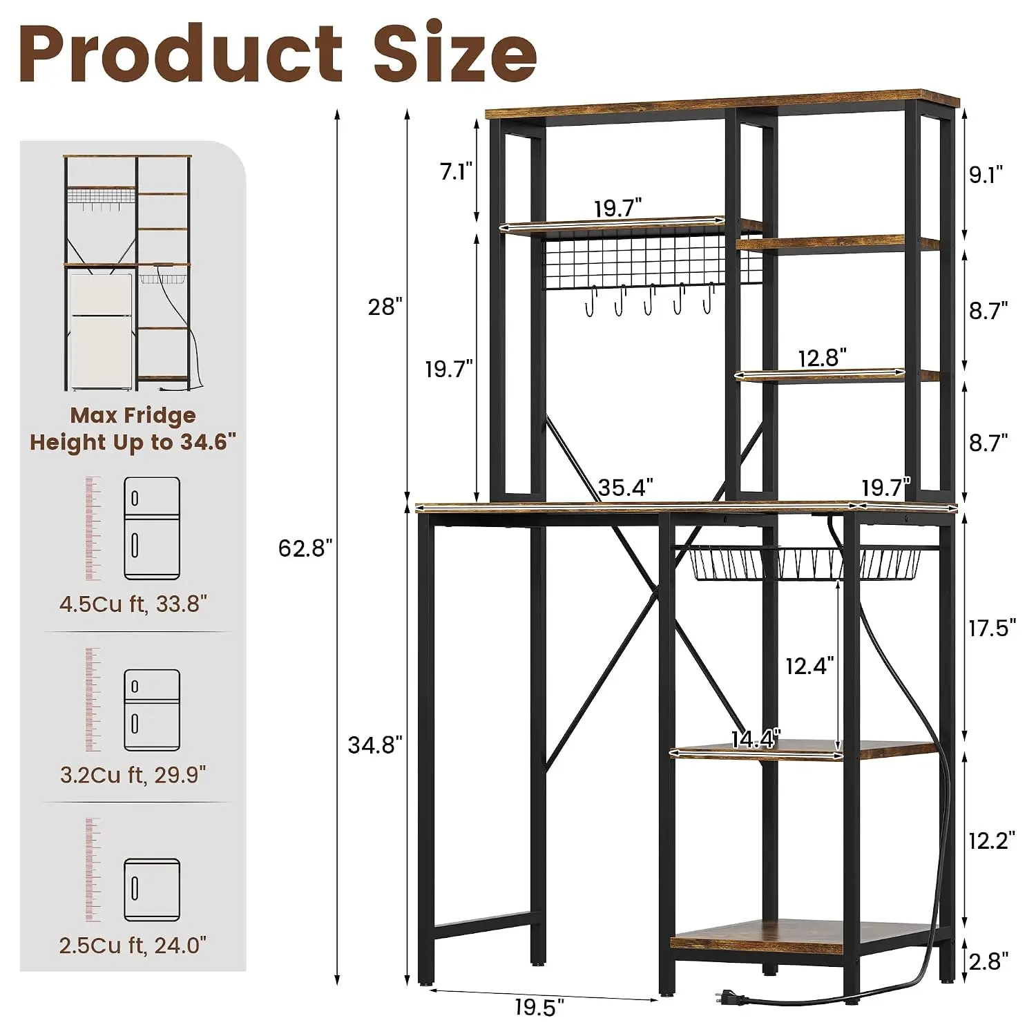 7-Tier Mini Fridge Stand with Storage, Microwave Storage Shelf with Power Outlet, Bakers Rack Stand, All in one Shelf for Dorm