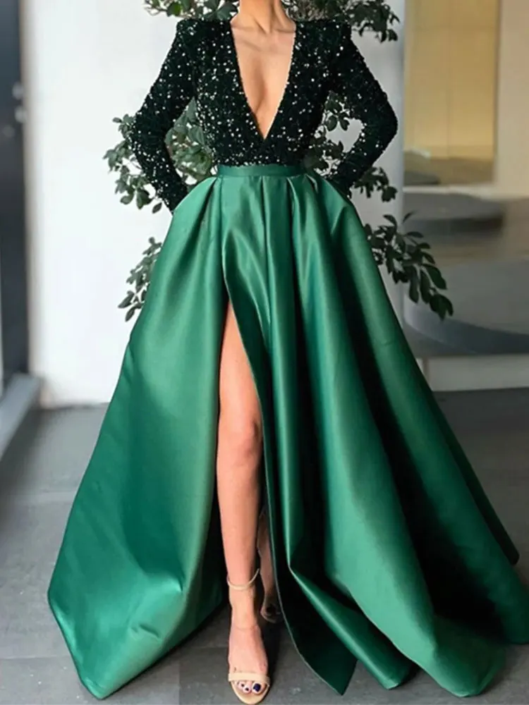 Deep V-neck Long Sleeve Floor Length Satin Sequin With Crystals Split A-Line Sparkle Party Wear Formal Evening Dress  2024