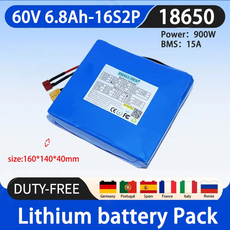 

New 60V 6.8ah 18650 16S2P 750W 900W high-power suitable for 15A BMS large capacity power battery pack rechargeable battery