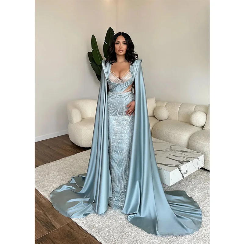 

Modern Evening Dresses Prom Gowns with Cape Sleeves Sequins Cutaway Sides Mermaid Custom Made Floor Length Party Dresses