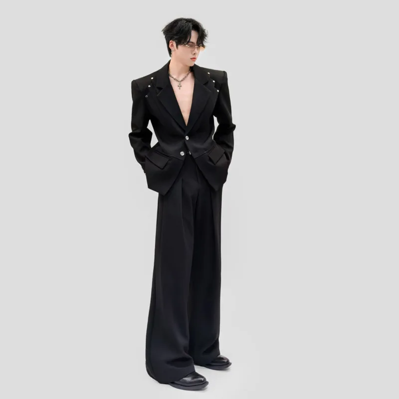 WVGA Spring Autumn New Men's Pleated Deconstructed Patchwork Design Rivets Padded Shoulders Blazer Niche Casual Pants Set W27695