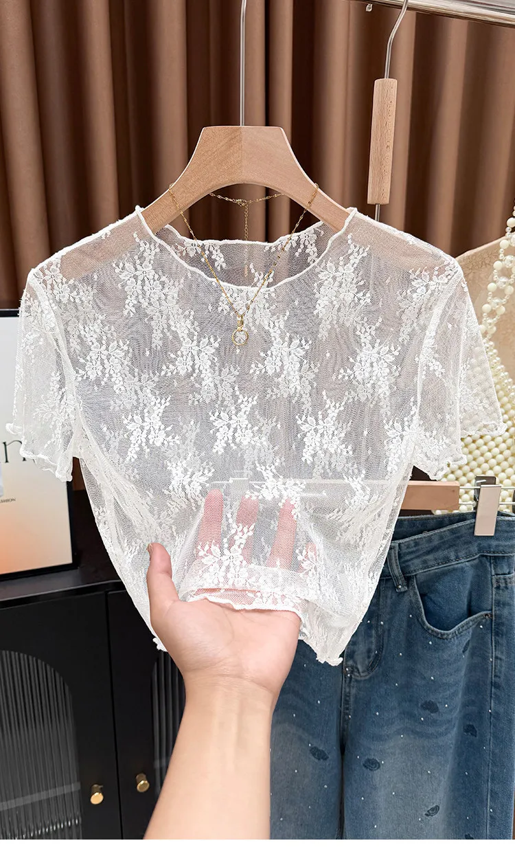 Kurzärmeliges T-Shirt mit Holzohren-Spitzenkante und hohlem Spitzenmuster, Damen-Trägerrock mit Anti-Licht-Effekt, kurzes Oberteil aus Eisseiden-Mesh – Detail 21