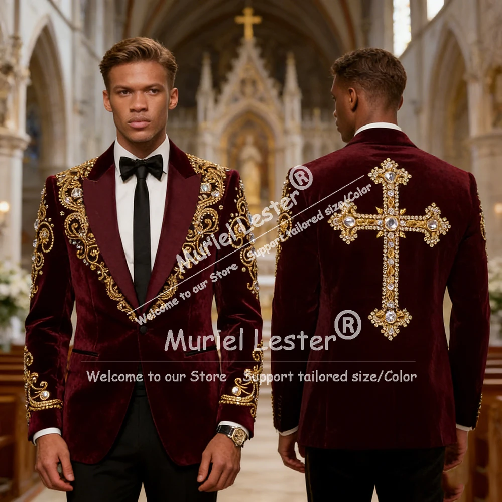 

Luxury Men Suit Attire For Wedding Gold Beaded Velvet Jacket Pants 2 Piece Sets Groom Formal Wear Tuxedo Customized Ropa Hombre