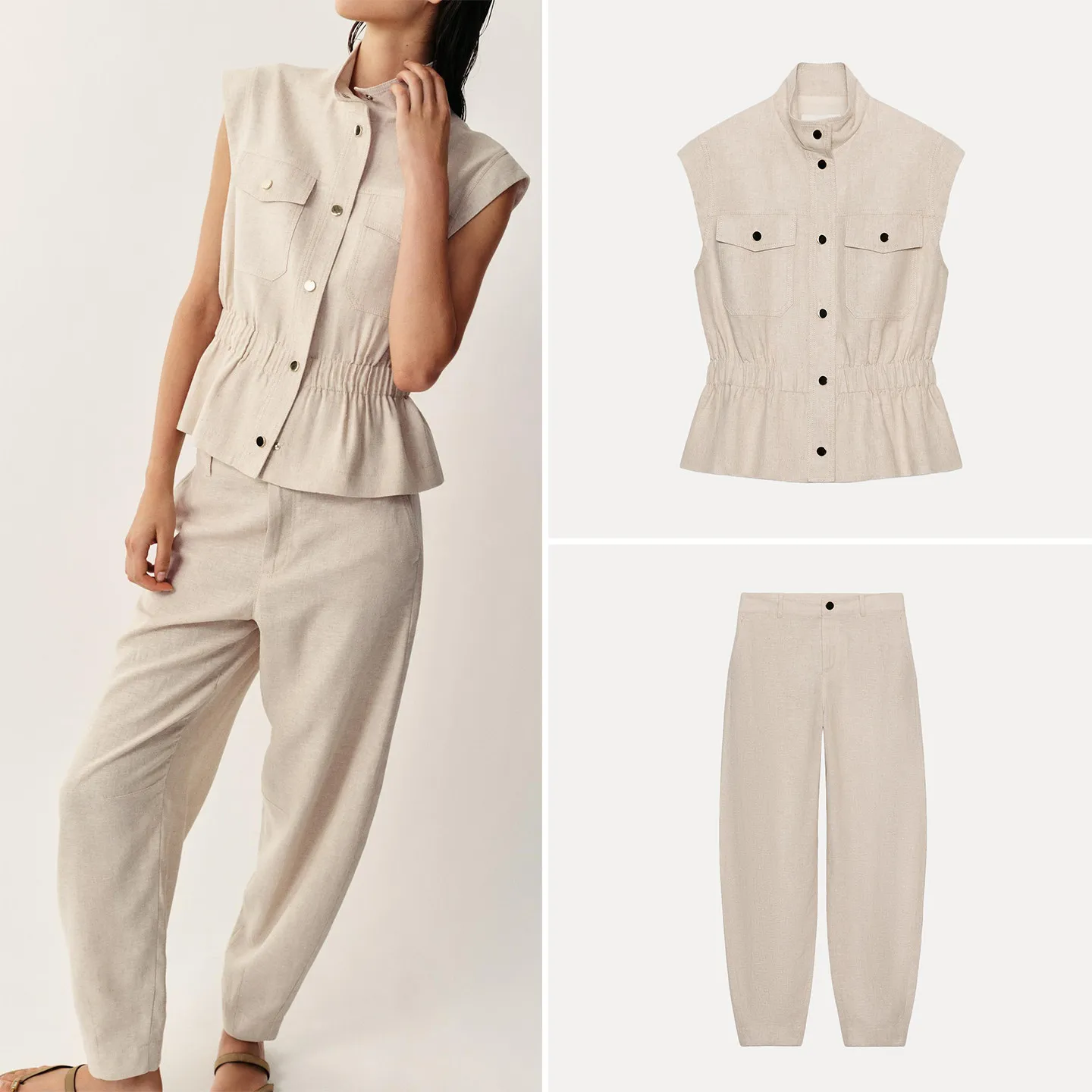 ZADATA Women's Fashion Set Autumn 2026 Sleeveless Stand Collar Vest with Pockets Button Design Bucket Pants Two-Piece Suit