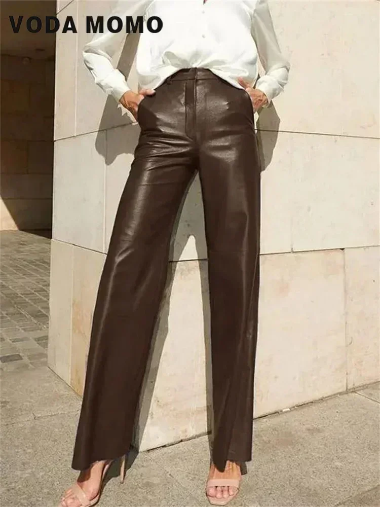 Imagem -05 - Calça Feminina de Cintura Alta em Couro pu Elegante Calçadão de Botões Justa Reta Feminina Senhora Outono Inverno 2023