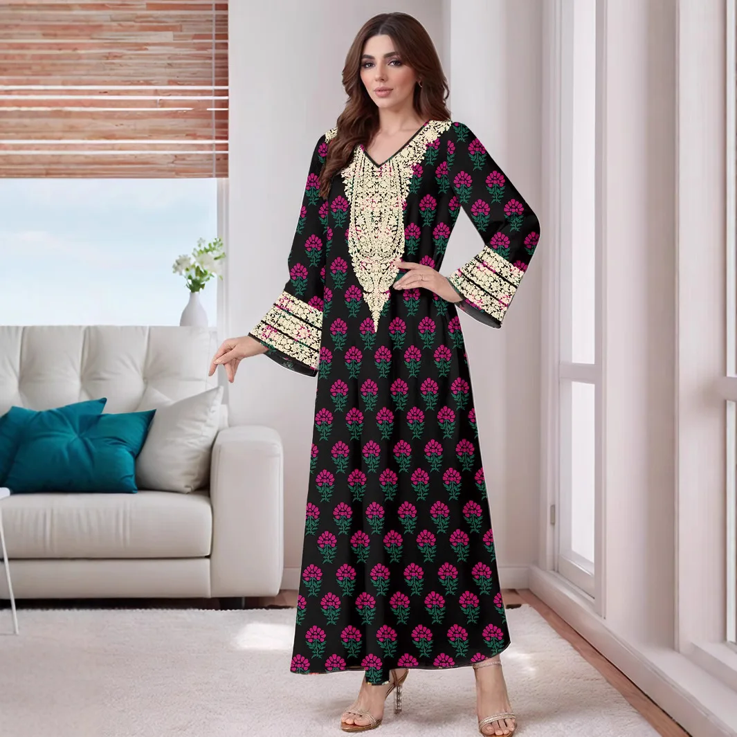 Hurtownia muzułmańskiej odzieży Abaja, bliskowschodnie arabskie damskie sukienki z dekoltem w serek, długim rękawem i długimi spódnicami, modne sukienki Abaja z nadrukiem.