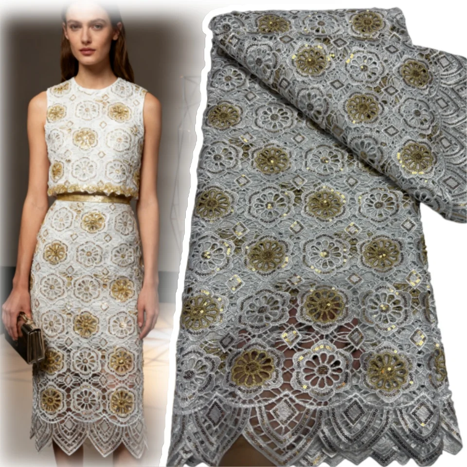 

Red African Guipure Cord Lace Fabric with Stones Chemical Lace Fabric Water Soluble Lace for Women Evening Party Dresses 1883