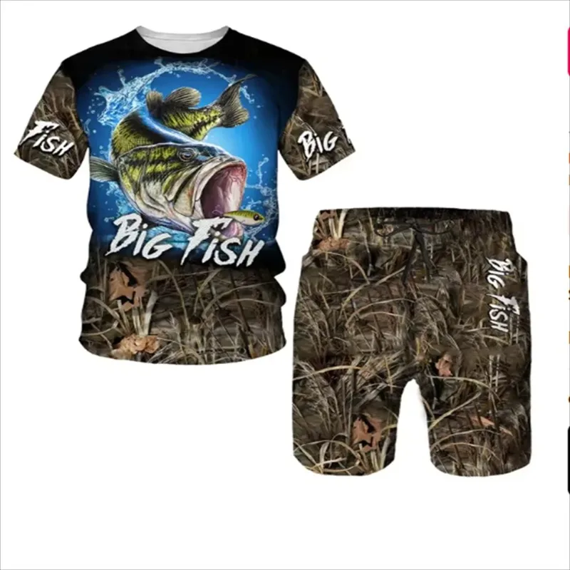 2025 3D Printed Round Neck T-shirt Fashion Loose Sports Men's Outdoor Fishing Shorts 2-piece Set