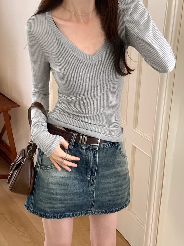 2023 Spring and Autumn New Pink V-neck Slim Fit Knitted Thin Solid Sexy Long Sleeve Pullover T-shirt 6 Colors Tight Women's Top