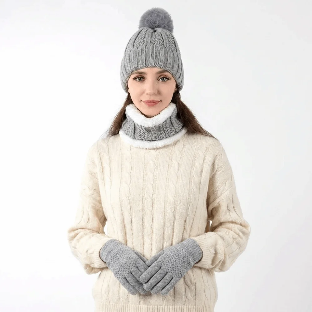 3pcs Soft Solid Color Hat Scarf Gloves Set Cute Pompom Keep Warm Knitted Hat with Velvet Thickened Beanie Hat Outdoor