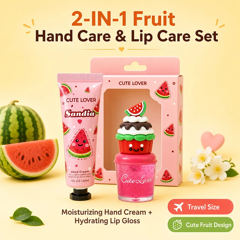 Fruit Flavored Hand Cream Lip Gloss Set For Autumn Winter Moisturizing Anti Cracking Portable Cartoon Hand Lip Care Gift Box New