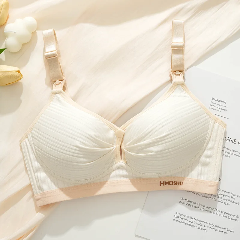 Color-block Woman Brassiere Fixed Double Shoulder Strap Nursing Bra Gathers Prevent Sagging Thin Style Ladies Bra Wireless Daily