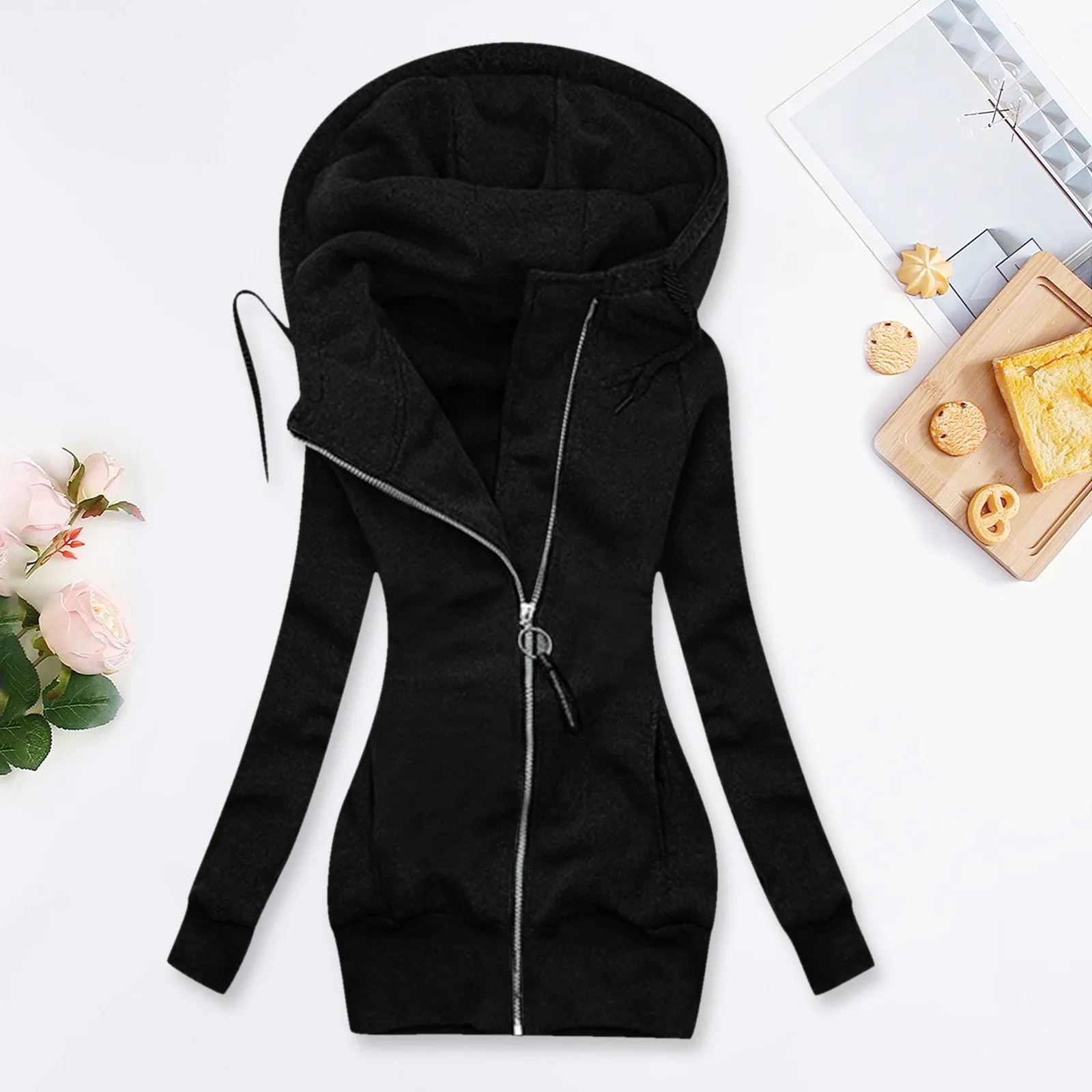 Women Jacket Fashion Casual Solid Color Slim Fit Coat Pockets Jacket Zipper Sweatshirt Hooded Vintage Coats Female Overcoat