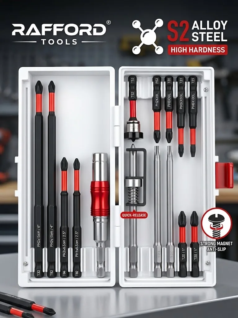 Rafford 15PCS Magnetic Screwdriver Bit Set, Positioning Bit, S2 Steel Phillips Bits, Extension Rod, Storage Box Repair Tool Kit