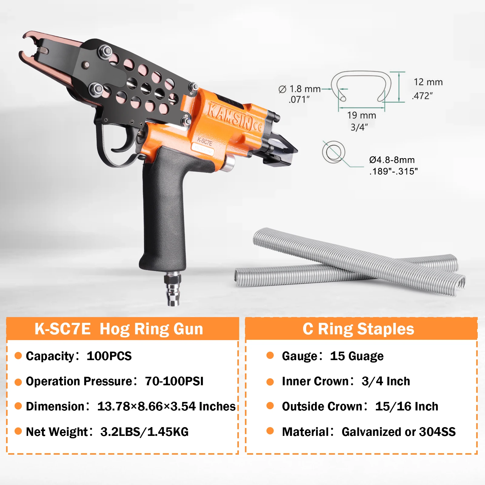 KAMSIN K-SC7E 15GA 3/4"Crown C Ring Pistola sparachiodi ad aria, Pistola ad anello per maiale industriale per seggiolini auto, fissaggio a molla per divani, gabbie per animali domestici