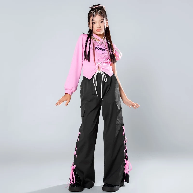 

Children Jazz Dance Clothing Girls K-Pop Stage Costume Drawstring Pink Tops Black Pants Casual Streetwear Fashion Clothes 1265
