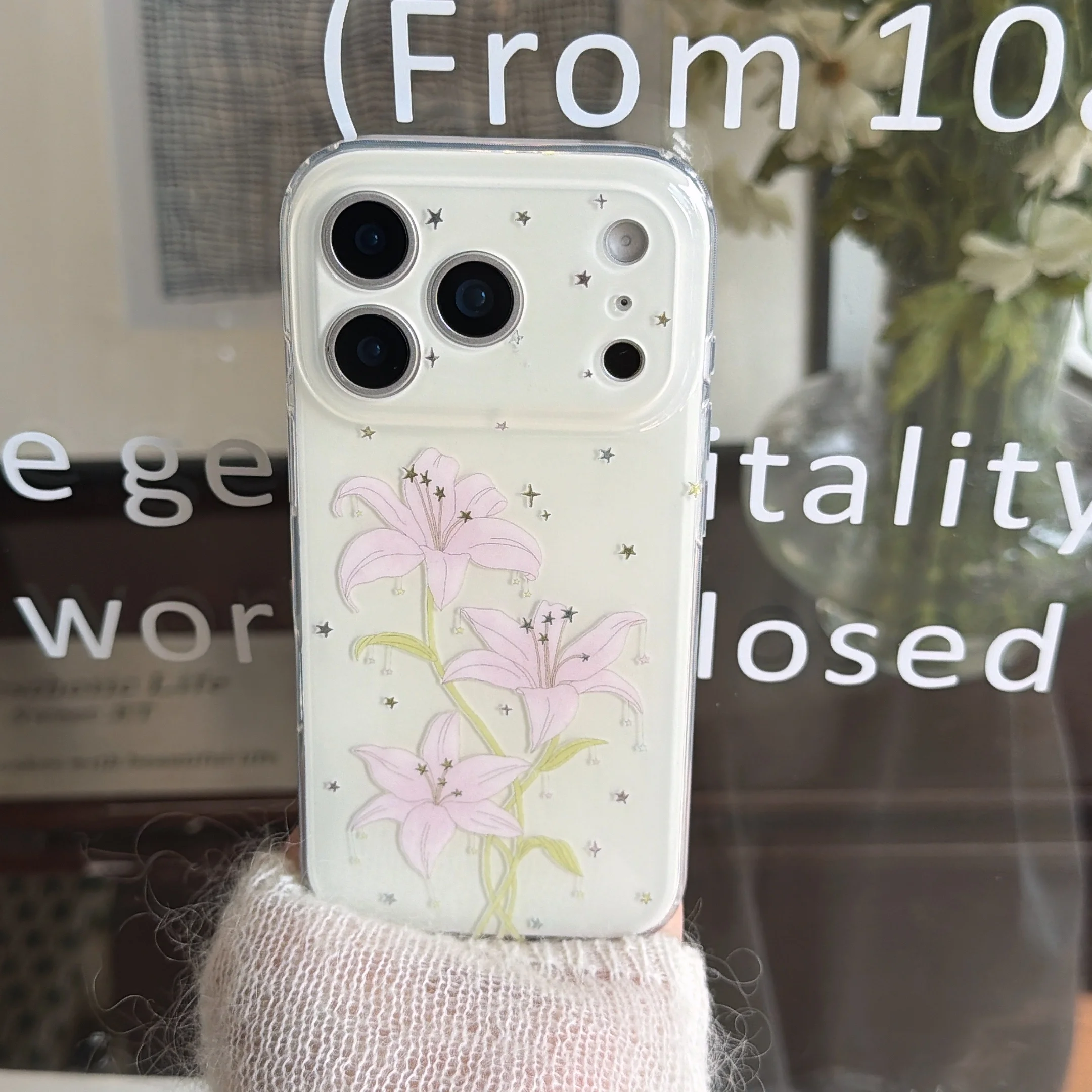 

Spring Fresh Pink Lily Flower Gold Star Pattern White Glossy Protective Phone Case Cover Case For iPhone 17 16 15 14 Pro Max