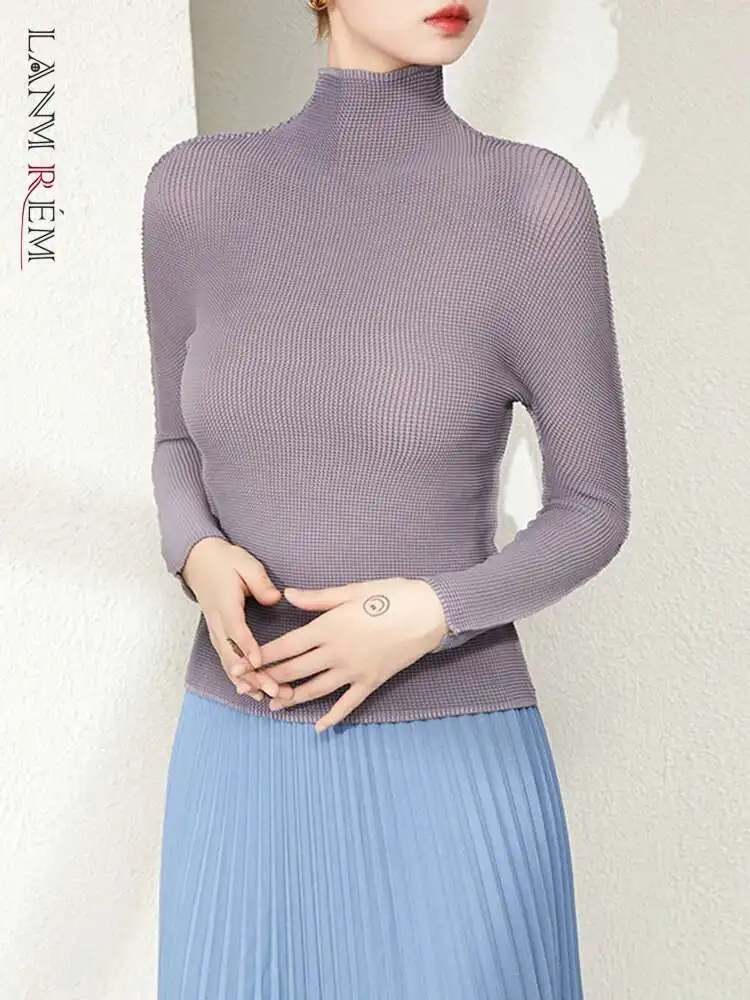 LANMREM Plissee Dünnes T-shirt Für Frauen Rollkragen Langarm Einfarbig Tops Weibliche Casual Kleidung 2023 Frühjahr Neue 2YA332