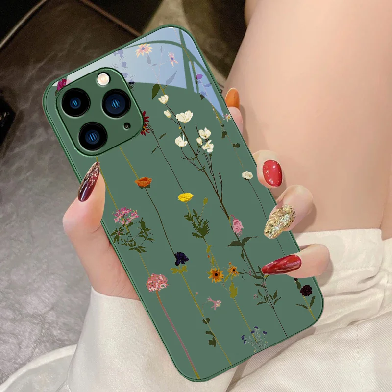 Green Tempered Glass Phone Case For IPhone 15 Pro 14 13 12 Mini 11 XS Max XR 7 8 Plu SE 2020 2022 Spring Light Vine Small Flower