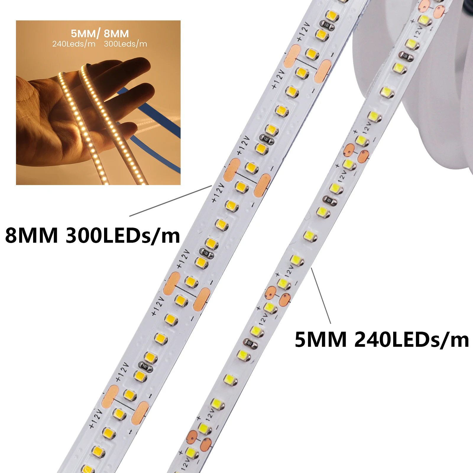 4MM 5MM 8MM LED Strip 5V 12V High Brightness 180 240 300LEDs/m Flexible LED Tape Lamp White Warm White 0.5M 1M 2M 3M 4M 5M