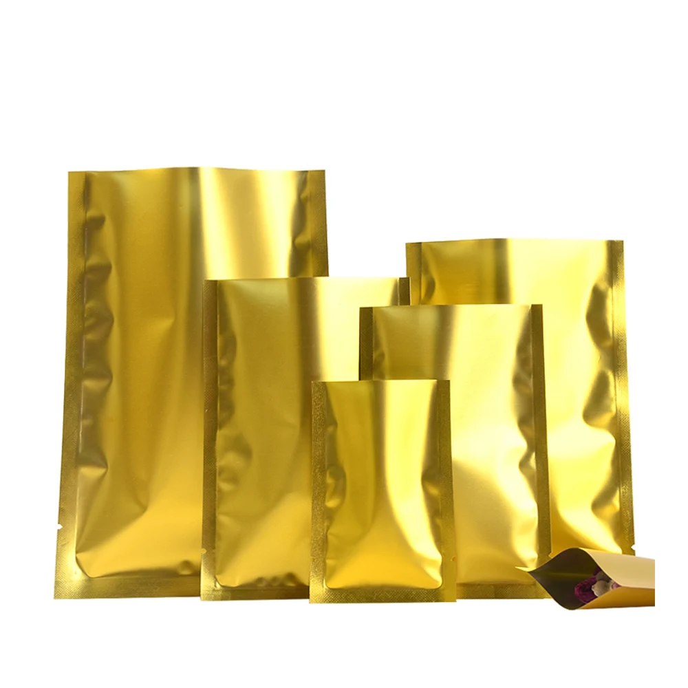 

100Pcs Disposable Heat Vacuum Sealed Glossy Gold Mylar Foil Bags with Tear Notch for Food Snacks Candy Tea Coffee Beans Open