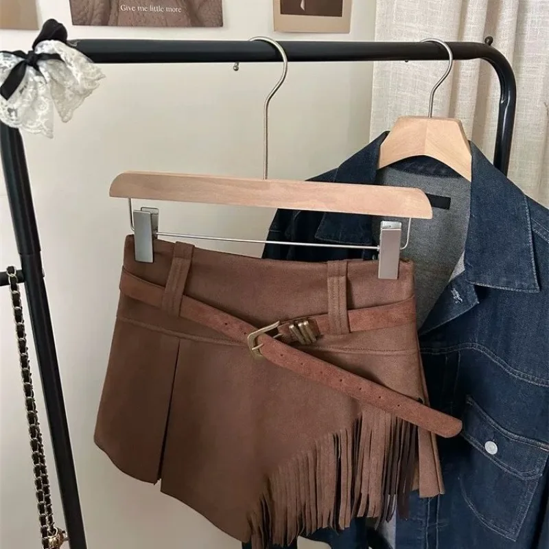 秋と冬の女性用ハイウエストショートスカートフリンジ付きイレギュラースエードAラインスカート