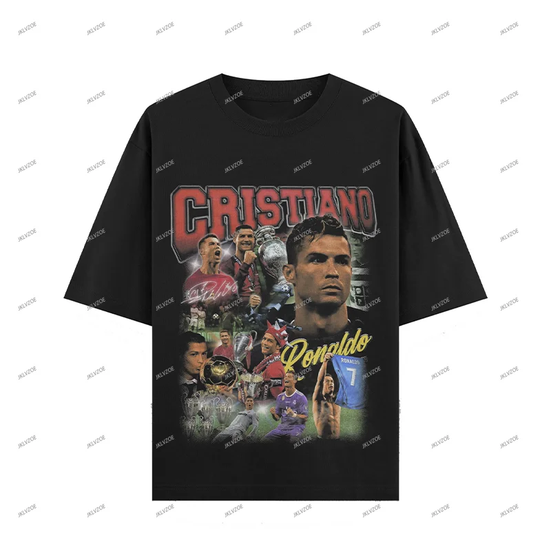 24/25 New Arrival Ronaldo Oversized Portugal Football T-shirt 100% Cotton Adult/KID Leisure Unisex Tees Brand Black Short Sleeve